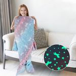 BIQIQI Mermaid Tail Blanket, Glow in the Dark Blanket with Glitter Stars and Unicorn Pattern, Soft Flannel Mermaid Tail Blanket for Girls Sleeping Bag Christmas Birthday Gifts for Kids 5~12 Year