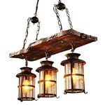 JIAODIE Wood Retro Chandelier Industrial Vintage Pendant Light 3 Heads Woody Metal Bedroom Restaurant Suspension lamp Cage Frame with Glass Shade House Loft Bar Coffee Decoration Ceiling Light,3*E27