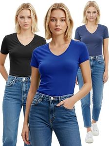 Emmalise Women's Short Sleeve T Shirt V Neck Tee Value Set (3Pk, Black, Royal, Denim Blue, 1XL)