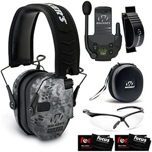 Walker's Razor Digital Ear Muffs (Raid Kryptek) with Walkie-Talkie, Hearing Protection Case, Belt Clip Holder, Shooting Glasses and Cleaning Cloth (2-Pack) Bundle (7 Items)