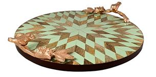 Extreme Karigari Wooden Circular Round Tray Patch Work Solid Wood with Metal Gold Handle Tray For Kitchen | Heavens Craft | Serving Trays | Wooden Tray | Kitchen & Dining Decorative Tray (Round Green)