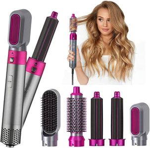 Mabron Hair Dryer Brush 5 In 1 Electric Blow Dryer Comb Hair Curling Wand Detachable Brush Kit Negative Ion Hair Curler Curling Iron, 1000Watt, Grey & Pink