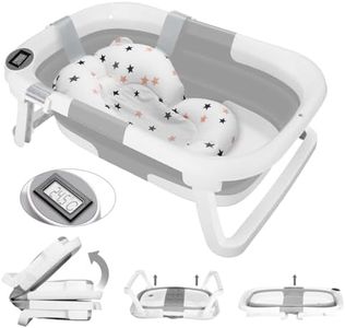 Baignoire Bebe avec Coussin, Baignoire Bebe Pliable avec Thermometre Digital, Baignoire Bebe avec Prise Pommeau de Douche, Ergonomique et Peu Encombrante, Convient Aux Bébés de 0 à 36 Mois (Gris)