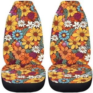 Drydeepin Hippie Flower Orange 2 Pcs Car Seat Covers Front Seats Only Elastic Cushion Protector Universal Fit Most Truck SUV Vans Aesthetic Car Accessories for Women