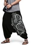 The Veshti Company Printed Harem Relaxed Pants for Men's Cotton Hippie Style Baggy Boho Yoga Pajama Pant with Pocket, Fate Weaver Quantum Shadows Black-Grey, M