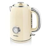 KitchMix Electric Kettle,1.7L Stainless Steel Tea Kettle with Thermometer,1500W Cordless Water Boiler with LED Indicator, Auto Shut-Off & Boil-Dry, Cool Touch Handle, BPA Free - Retro Beige