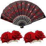 2 Pieces Women Rose Flower Hair Clip and Embroidered Sequins Fabric Handheld Folding Fan Hair Accessories for Flamenco Dancer Costume Accessories Girl Halloween Cosplay Party ()