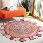 SAFAVIEH Cape Cod Collection 7' x 7' Round Red / Multi CAP201A Handmade Boho Braided Jute & Cotton Area Rug