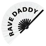 Rave Daddy hand fan foldable bamboo daddy circuit rave hand fans outfit party gear gifts music festival rave accessories for men and women (White)