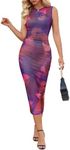 MEROKEETY Women's Summer Bodycon Tie Dye Dress Sleeveless Crew Neck Mesh Cocktail Party Maxi Dresses, Plum, Medium