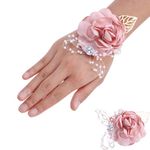 TAIANJI 2 Pcs Rose Wrist Flowers for Wedding Bracelet, Corsage Bracelet Handmade Pearl Bracelet Boutonniere Set for Women, Bridesmaid, Bridal (Pink)