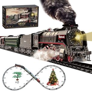 Hitish Train Set for Kids, Electric Train Toys with Realistic Light Sounds Smoke, Christmas Train Model Gifts for Toddlers Boys Girls, Steam Locomotive, Luxury Track & 2 Glowing Passenger Carriages