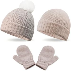 3 Pack Kids Winter Warm Beanie & Mittens Set,Knit Boys Girls Cozy Hat with Soft Crossed Cable for Baby Children's Toddler