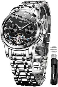 OLEVS Mens Automatic Watch Self Winding Mechanical Skeleton Tourbillon Fashion Business Luxury Dress Stainless Steel Wrist Watches for Men Waterproof Luminous