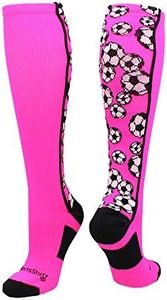 MadSportsStuff Crazy Soccer Socks with Soccer Balls over the calf (Neon Pink/Black, Medium)