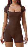 Hotexy Women's Short Sleeve Bodycon Workout Romper Stretchy One Piece Square Neck Sexy Unitard Athletic Jumpsuit,Brown,L