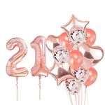 Pop The Party Rose Gold 21 Balloon For 21th Birthday -Large Pack of 16 | Rose Gold Confetti Star and Heart Foil Balloon Bouquet For Party Decoration | Great For 21th Birthday Party Decoration Suplies