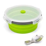 Ewrap 1200ML Round Collapsible Camping Bowl, Portable Silicone Food Storage Containers, Silicone Bowl with Lid and Foldable 2 in 1 Fork Spoon, for Camping, Freezer and Microwave Safe, Green