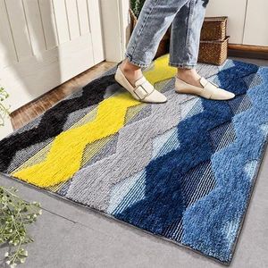 Welcome Mats for Front Door, Non-Slip Absorbent Resist Dirt Entrance Doormat, Washable Low-Profile Inside Entry Mat for Entryway, 60X90cm, Blue Wave