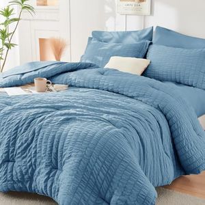 HYMOKEGE Mineral Blue Oversized King Comforter Set Seersucker 7 Pieces, All Season Luxury Bed in a Bag for Bedroom, Bedding Set with Comforter, Sheets, Pillowcases & Shams