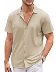 COOFANDY Men's Shirt Short Sleeved Casual Regular Fit Wrinkle Free Shirt Solid Color Summer Beach Tops Light Brown XL