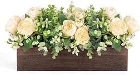 Dahey Centerpiece Table Decorations for Dining Room Farmhouse Living Room Table Centerpieces Decor Wood Tray with 3 Artificial Flowers and 2 Eucalyptus for Kitchen Table, 14.1" x 4.7" x 3.1"