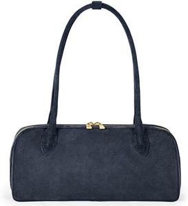 Italian Genuine Suede Shoulder Bag for Women with Long Top Handles & Zip Top | Compact Rectangular Designer Purse (Dark Blue)