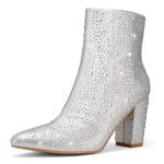 Rollda Rhinestone Boots for Women Glitter Ankle Boots Pointed Toe Block Chunky Heel Boots Sparkly Booties, Silver, 8