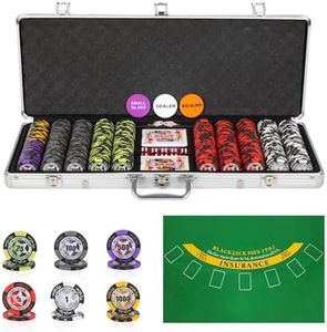 ORIENGEAR Poker Chip Set with Denominations, 500 PCS 14 Gram Clay Composite Casino Chips with Aluminum Case, 2 Decks of Cards and Game Tablecloth, for Texas Holdem Blackjack Gambling Games