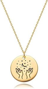 Mevecco Gold Necklace Coin Disc Celestial Patterned Engraved Pendant 18K Gold Plated Chain Dainty Personalized Simple Jewelry