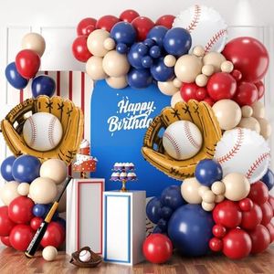Baseball Birthday Party Decorations, Navy Blue Red Nude Balloon Arch with Baseball Glove Foil Balloons for Boys Girls Summer Birthdays Party Baseball Themed Party Decorations