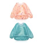 Little Dimsum Mess-Proof Baby Bibs|Infant Toddler Long Sleeve Waterproof Feeding Art Smock|Catching Food & Wipe Clean| Pack of 2 Colors(octopus&flower)