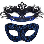 SIQUK Couple Masquerade Masks Metal Venetian Party Mask Halloween Costume Mask Mardi Gras Mask for Couples Women and Men, Inlaid Alloy Black and Blue