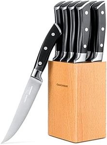 OAKSWARE Steak Knives Set of 8, Non Serrated Steak Knives with Block, 5 inch German Stainless Steel Straight Edge Steak knife with Full Tang Handle, Rust Resistant ＆ Easy to Maintain