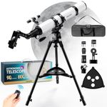Astronomy Telescope for Adults & Beginners - 90mm Aperture 800mm Refractor with 32X-240X Magnification, Iron Tripod, Phone Adapter & Backpack - for Moon, Planets & Stargazing (White)
