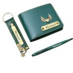 AS Store Customized Name Leather Wallet, Keychain & Pen Combo Gift Set for Men I with Personalized 12 Fonts and 38 Charms Gift for Your Loved Once, Friend, Father, Brother, son (Green)