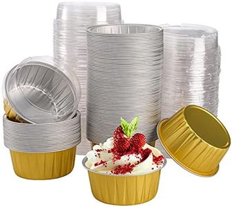 DEAYOU 100-Pack Aluminum Foil Baking Cups with Lids, 5oz Disposable Muffin Cupcake Ramekins, 3" Recyclable Cupcake Foil Liners Mini Tart Pie Tin Pan Holder for Souffle, Pudding, Party, Wedding, Gold