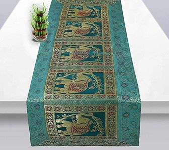 Real Online Seller Indian Handmade Elephant Design Table Runner.Traditional Decorative Ethnic Kitchen Table Cloth for Wedding Bridal Birthday Party Decorations. 60 X 16 Green and Golden Color