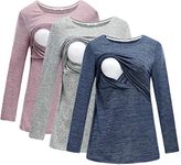 Bearsland Women's 3 Packs Maternity Clothes Long Sleeves Breastfeeding Shirts Nursing Top,pinkgrayblue,S