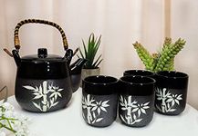 Ebros Black And Charcoal Japanese Lucky Bamboo Porcelain Tea Pot 20oz And Cups Set Serves 4 Guests With Bamboo Wooden Handle And Metal Strainer Home Decor Zen Decorative Teapots Teacups Accent