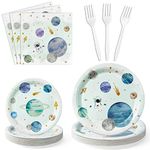 WATINC 96pcs First Trip Around the Sun Space Party Tableware Set, Outer Space Birthday Table Decorations Supplies for 24 Guests, Solar System Plates Napkins Forks Parties Favors for Boys Girls