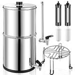 Gravity-fed Water Filter System 0.01μm Ultra-Filtration, 2.25G Stainless-Steel Filter System with 2 Black Filter 2 Chlorine Filter and Metal Spigot, Reduces up to 99% of Chlorine