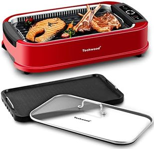 Techwood Indoor Smokeless Grill, 1500W Electric BBQ Grill and Non-Stick Grill Plates with Temperature Control, Removable Drip Tray, Tempered Glass Lid, Red