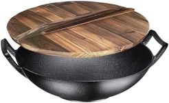 Bruntmor 14 Inch Pre-Seasoned Cast Iron Wok/ Pot. 14" Nonstick Skillet Pan With Large Loop Handles & Flat Base & Lightweight Wooden Pot Lid Cover. Koockingware For Kitchen/ Indoor/ Outdoor Camping.