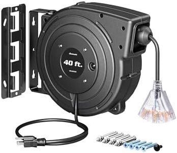 DEWENWILS Extension Cord Reel, 40FT Retractable Cord Reel, 12/3AWG SJTOW, Lighted Triple Tap Outlets, 15 Amp Circuit Breaker, Ceiling/Wall Mount, UL Listed
