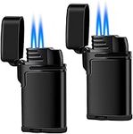 Cigar Torch Lighter 2 Pack, Dual Jet Flame Lighter, Refillable Butane Lighter, Windproof Lighter, Pocket Lighter, Gifts for Him Men (Without Butane) (Black)