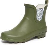 Laura Ashley Ladies Mid Cut Ankle Height Rubber Rain Boots, Army Green Blossom, 8