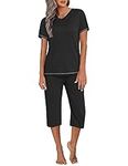 Ekouaer Pajamas for Women Ladies 2 Piece Top & Capri Pjs Sleepwear Set Comfy Sleepwear Casual Lounge Set Black