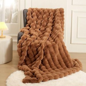 Super Comfort Oversized Warm Thick Bubble Double Sided Plush Rabbit Faux Fur Throw Blanket, Fluffy Blanket,Soft Cozy Blanket for Couch Chair Bed Sofa Living Room,Brown 60'' x 80''