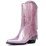 BIUBAKUA Womens Fringe Metallic Cowboy Boots Pointed Toe Chunky Hell Tassel Mid Calf Boots, Pink, 8.5